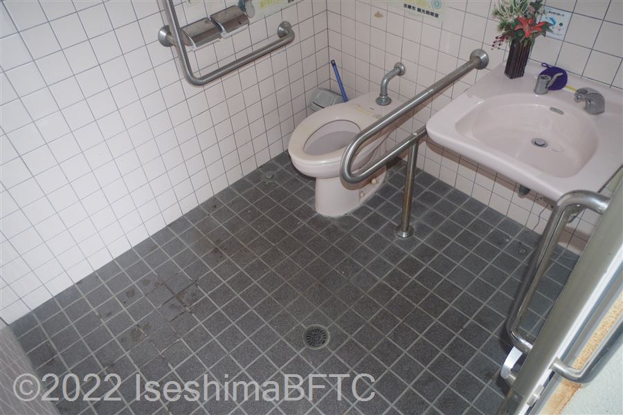 波切漁港トイレパーク車いす対応トイレ内部　入口からみて右奥に、よこ置きに便器。入口からみて右手前に洗面台