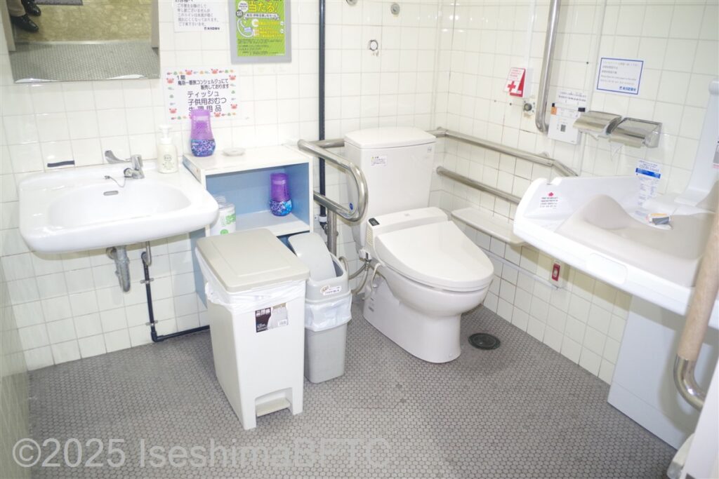 入口から見て右奥に、たて置きに便器がある。入口からみて正面、便器の左隣に洗面台
