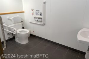 車いす対応トイレの室内のようす。便器に向かって右側奥の壁にはL字手すりが付いていて、左側にはU字の可動式手すりが付いている。