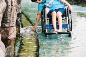 車いすの子供が手を伸ばして磯の水を触っているようす。