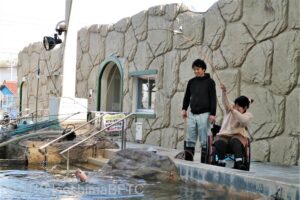 生け簀プールで釣りをしている車いすの女性。左横にはスタッフが立っている。