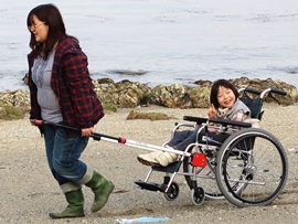砂浜を、お母さんに「ジンリキ」を引いてもらって散歩する車いすの女の子